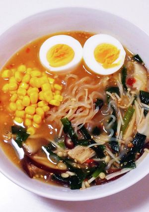 A picture of Spicy Miso Shirataki Ramen with Mushrooms.