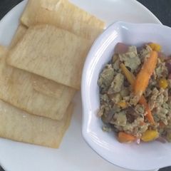 Fried yam and egg sauce A picture of Fried yam and egg sauce.