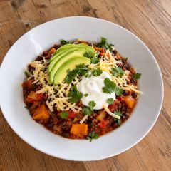Smoky sweet potato & black bean chilli A picture of Smoky sweet potato & black bean chilli.