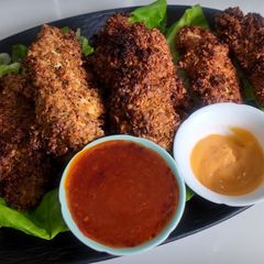 High protein crispy chicken with a TVP crust, no breadcrumbs A picture of High protein crispy chicken with a TVP crust, no breadcrumbs.