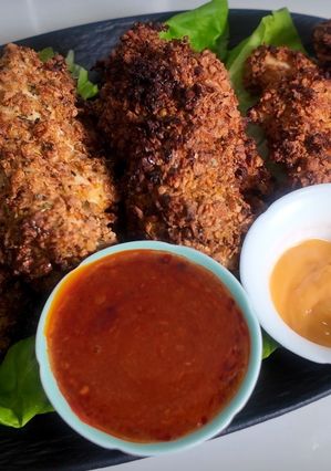 A picture of High protein crispy chicken with a TVP crust, no breadcrumbs.