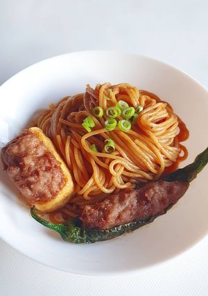 A picture of ASIAN-STYLE SPAGHETTI WITH YONG TOW FOO (HAKKA-STYLE STUFFED TOF.