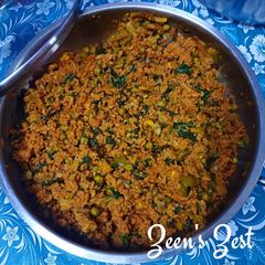 A picture of Lamb mince with Amaranth Greens.