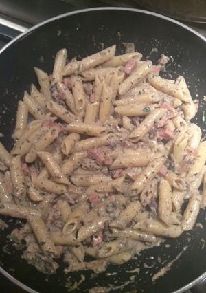 A picture of Penne with Ham and Mushrooms.