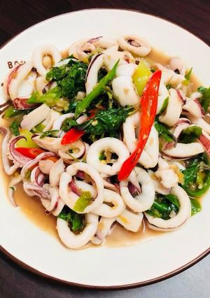 A picture of Spicy Stir-Fried Squid with Basil (Pad Krapow Pla Muek).