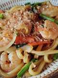 XO Sauce Stir-Fried Udon with Shrimp and Water Spinach