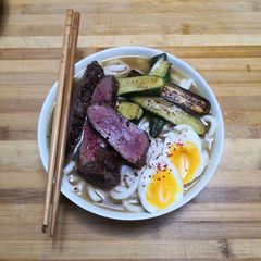 Udon noodle soup with ostrich steak A picture of Udon noodle soup with ostrich steak.