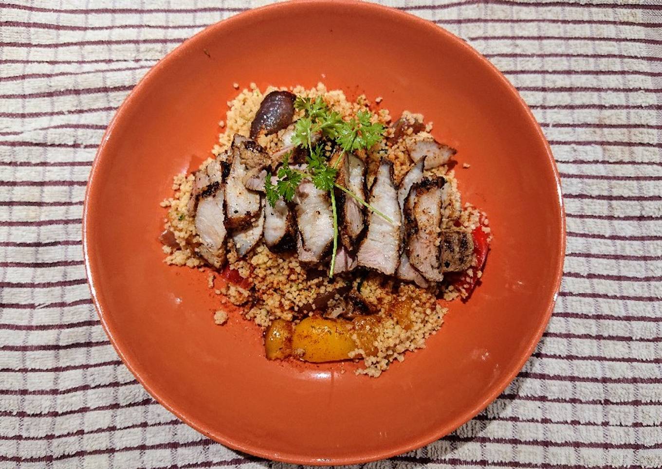 Couscous with Roasted Vegetables and Grilled Pork Belly
