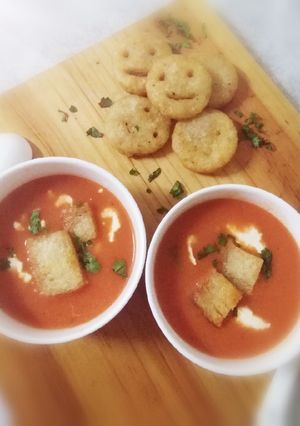 A picture of Tomato Soup with Potatoes smileys.