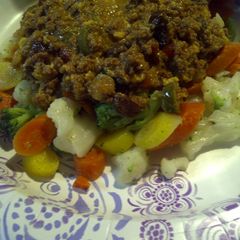 A picture of Spicy ground meat with vegetables.