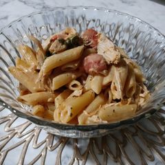 A picture of Penne Pasta with Chicken in Roasted Tomato Cheese Sauce.