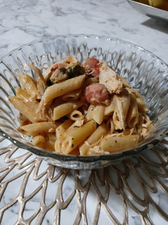 A picture of Penne Pasta with Chicken in Roasted Tomato Cheese Sauce.