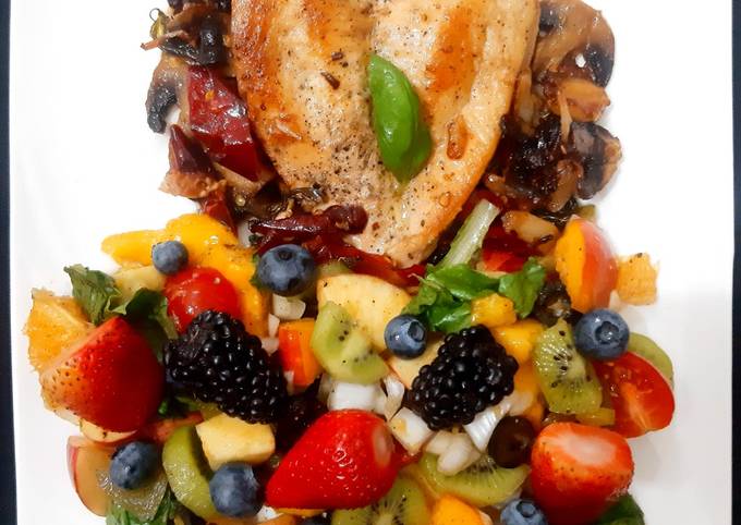 Easiest Way to Make Ultimate Basil Garlic Chicken with Fruit Insalata/ Salad (A Healthy Meal)