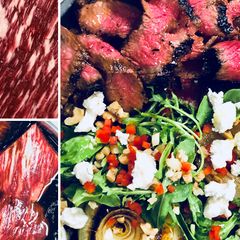 A picture of Honey Balsamic Wagyu Bavette Steak, Roasted Onion & Walnut Salad.