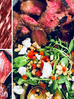 A picture of Honey Balsamic Wagyu Bavette Steak, Roasted Onion & Walnut Salad.