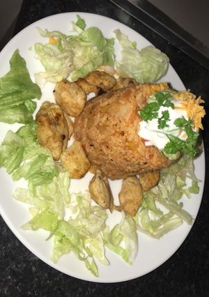 A picture of Mexican chicken & rice.