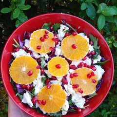 A picture of Orange pomegranate salad with mozzarella cheese.