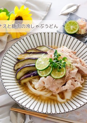 A picture of Chilled Udon with Eggplant and Pork Shabu-Shabu.