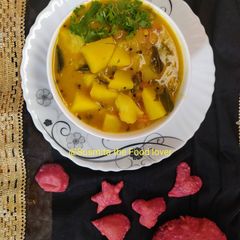 Alu besan curry in frame with beetroot poori A picture of Alu besan curry in frame with beetroot poori.