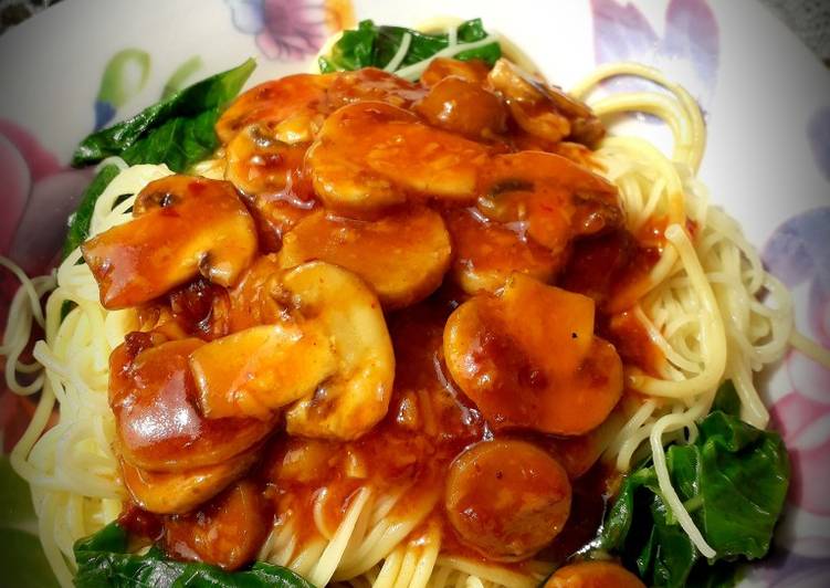 Resep Spageti+MiSoa Bayam Saus Jamur, Enak Banget