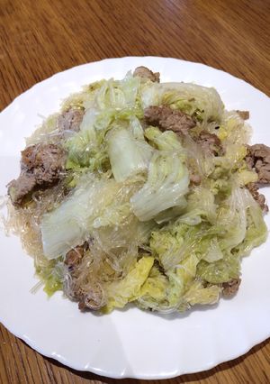 A picture of Sauteed Chinese Lettuce with Glass Noodle.