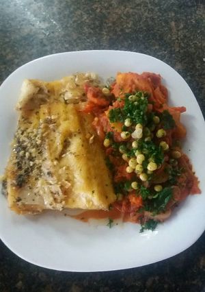 Una foto de Bacalao al horno con portuguesa