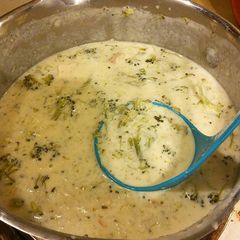 A picture of Cheesy Broccoli Chicken Rice Soup.