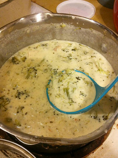 A picture of Cheesy Broccoli Chicken Rice Soup.