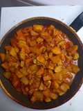 Teriyaki tofu with green apples, kohlrabi and celeriac in spicy gravy (vegan dish)