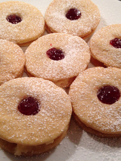 A picture of Almond Cream and Raspberry Shortbread Sandwiches (Jammie Dodgers).