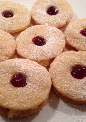 A picture of Almond Cream and Raspberry Shortbread Sandwiches (Jammie Dodgers).