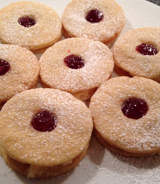 A picture of Almond Cream and Raspberry Shortbread Sandwiches (Jammie Dodgers).