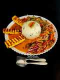 Spicy Grilled Paneer Steak Italian Herb Rice Schezwan Sauce With Exotic Sautéed Veggies Gourmet Meal