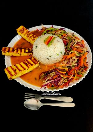 A picture of Spicy Grilled Paneer Steak Italian Herb Rice Schezwan Sauce With Exotic Sautéed Veggies Gourmet Meal.