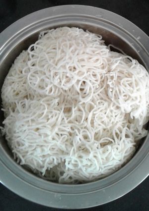 A picture of Idiyappam. Rice spring hoppers.