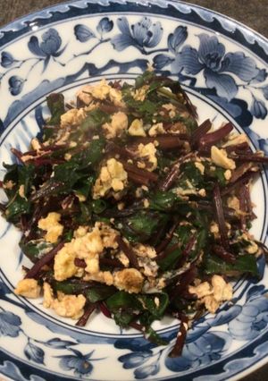 A picture of Beetroot’s leaves and egg, tamago toji.       Don’t throw away No.7.
