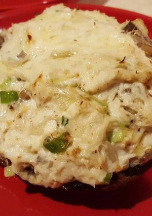 A picture of Crabmeat stuffed portabella mushrooms.