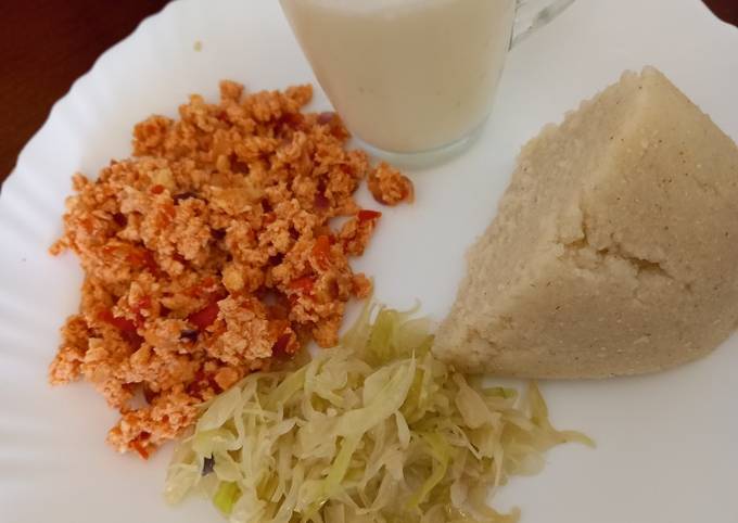 Ugali cabbage and fried eggs