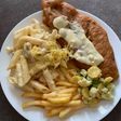 Fish and chips with penne pasta alfredo