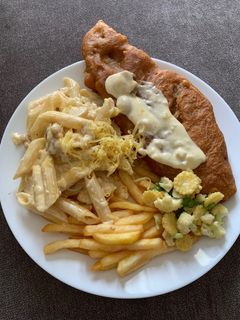 Foto resep Fish and chips with penne pasta alfredo