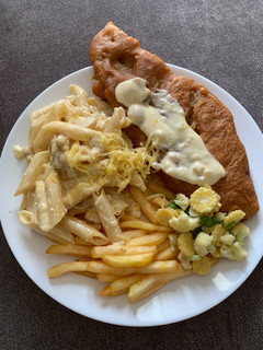 Foto resep Fish and chips with penne pasta alfredo