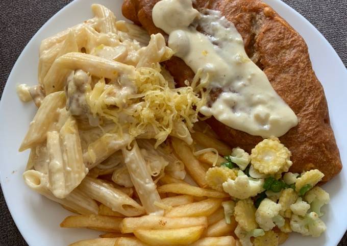 Fish and chips with penne pasta alfredo