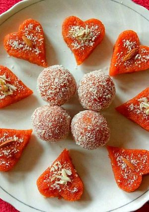 A picture of Tomato Barfi And Laddu.