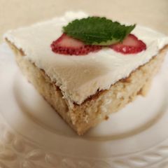 A picture of Brad's Tres Leches Cake with Cara Cara Orange, Vanilla, and White Balsamic Vinegar Frosting.