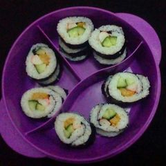 Sushi Periment with chicken Nugget and Crabstick A picture of Sushi Periment with chicken Nugget and Crabstick.