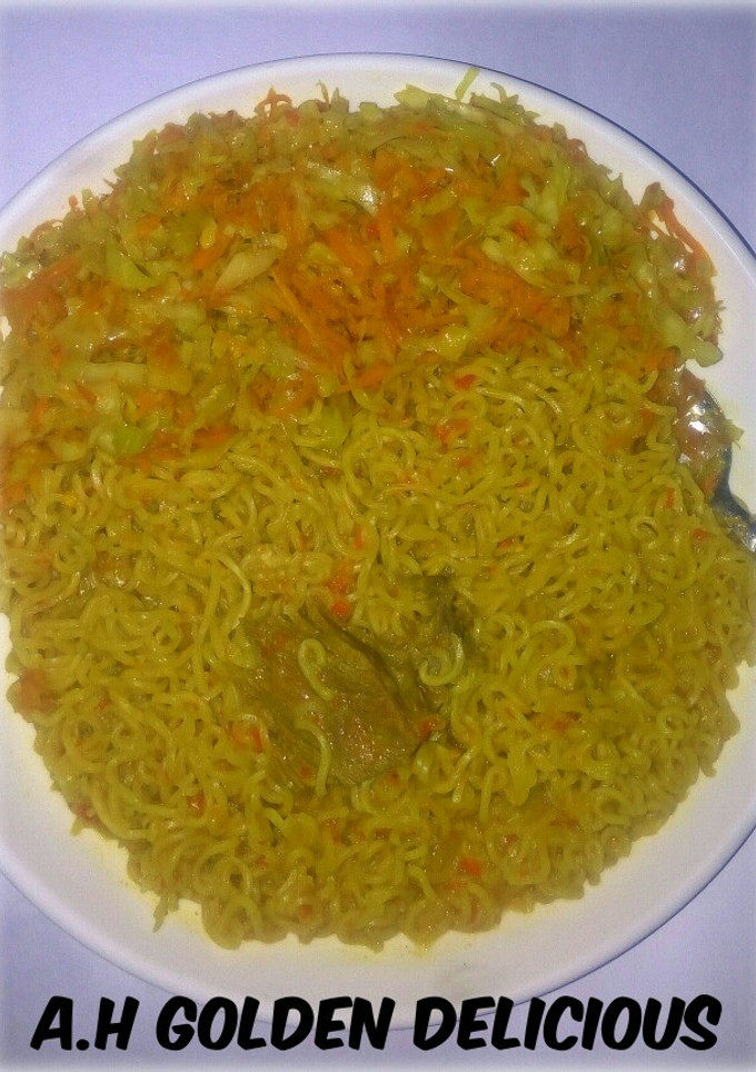 A picture of Noodles with spring roll filling.