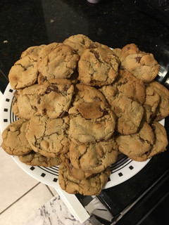 A picture of Sara's famous chocolate chip cookies.