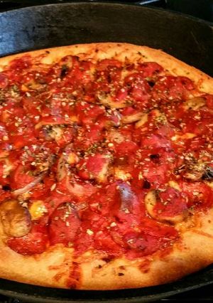 A picture of Homemade Deep Dish Chicago style Deluxe Beer Pizza !.