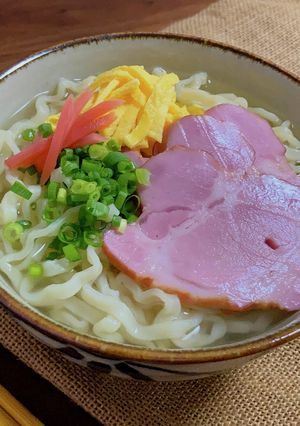 A picture of Okinawa Soba with Smoked Ham.