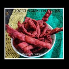 A picture of Beetroot namkeen sticks with tips and tricks.